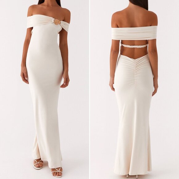 Peppermayo Dresses & Skirts - Peppermayo Illusion Maxi Dress Medium NWT Ivory Gold Shell Off Shoulder Bridal